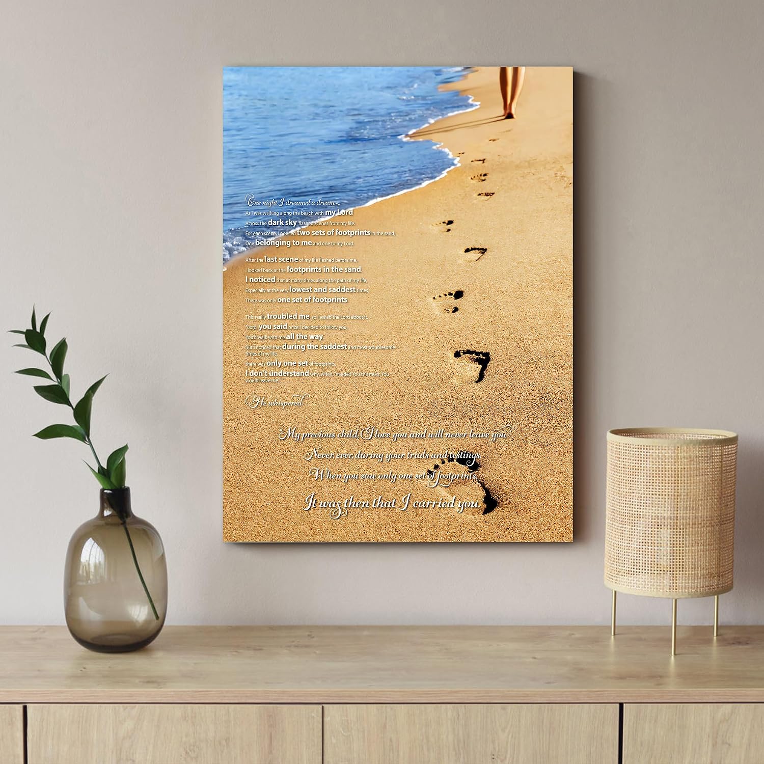 Footprints in the Sand Wall Art Decor, Footprints in the Sand Canvas Prints Wall Art, Inspirational Christian Poem Wall Poster Gift, Beach Picture Wall Art for Living Room Beach Office 12"Wx18"HInches