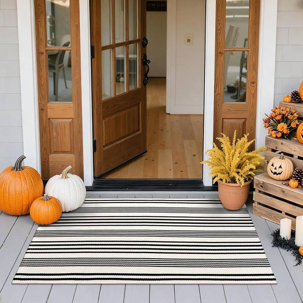 Fall Front Door Mat 2'x4.3', Cotton Washable Striped Outdoor Rug