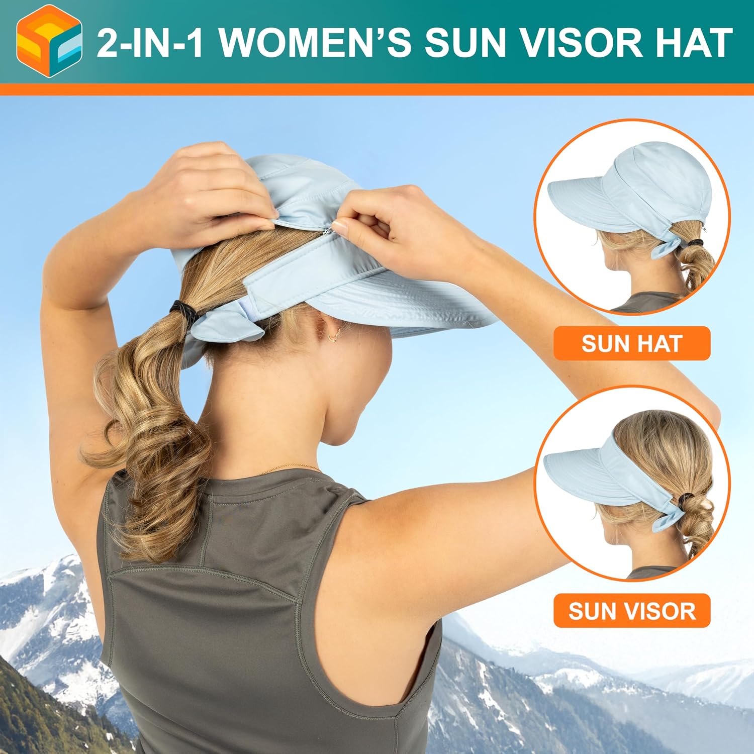 SUN CUBE Womens Sun Hat UV Protection Wide Brim Zip-Off Golf Visor