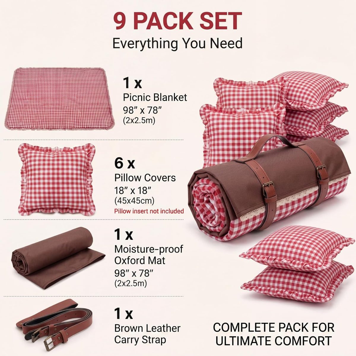 Boao Extra Large Picnic Blanket, 98" x 78" Red Gingham Picnic Blanket Set
