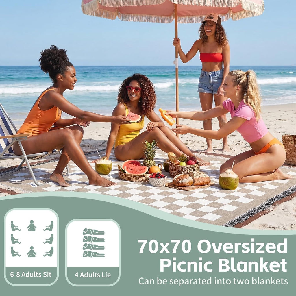 RYCHIC 2 in 1 Extra Large Boho Beach Blanket Towel Sand Free Outdoor Rug Picnic Mat Giant Oversized XL Big Jumbo Turkish Woven Throw Summer Vacation Essential Travel Must Have Accessories Women Gift