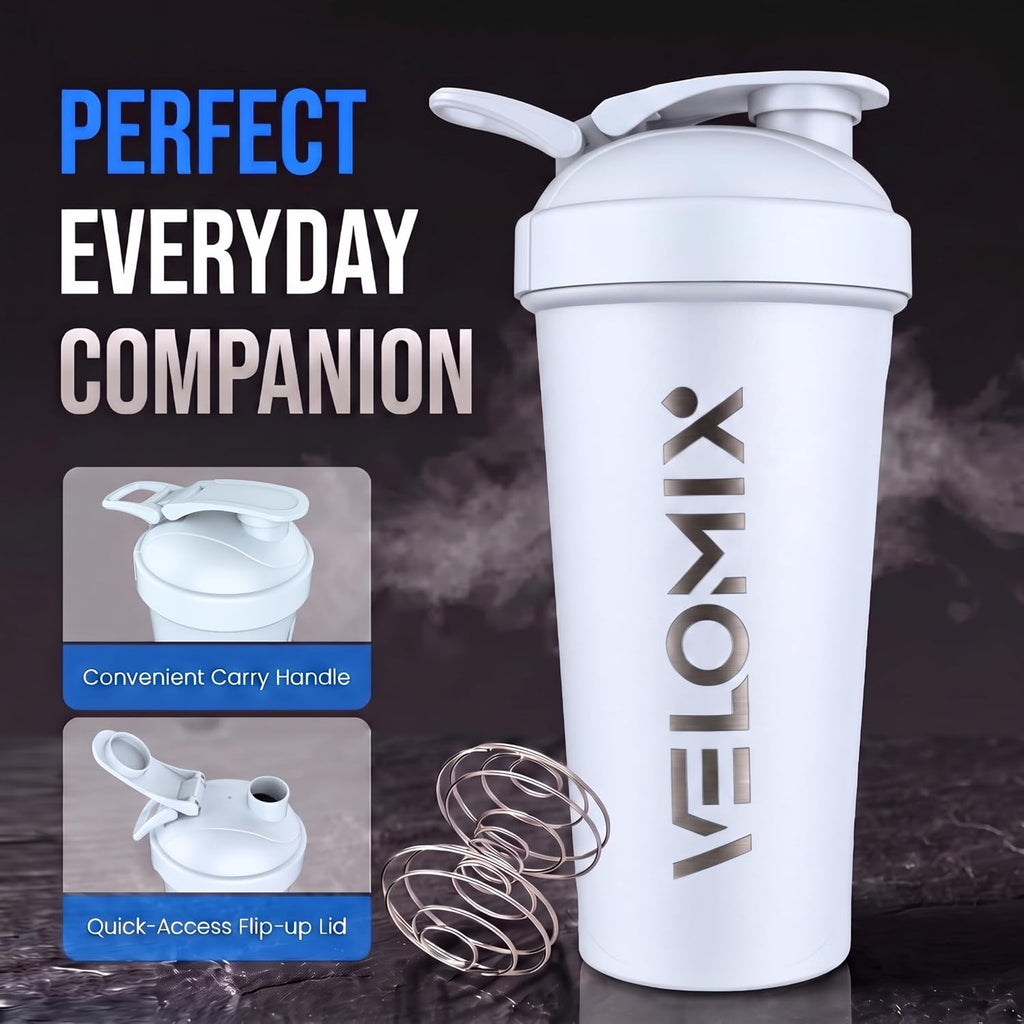 VELOMIX 24oz Stainless Steel Shaker Bottle with Wire Whisk (White)