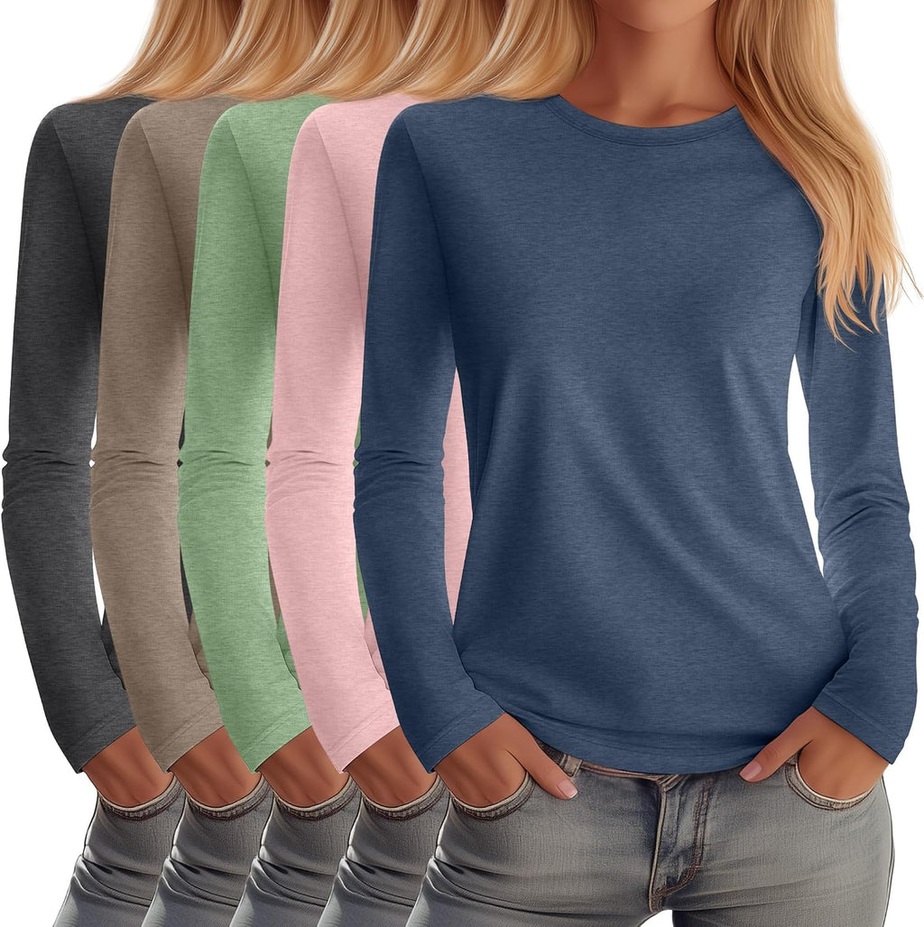 Huukeay 5 Pack Women's Crew Neck Long Sleeve Shirts