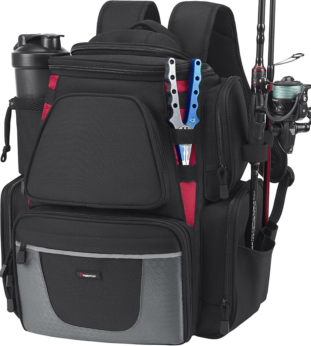 Piscifun Fishing Tackle Backpack with 2 Rod Holders, 4 Boxes & Rain Cover