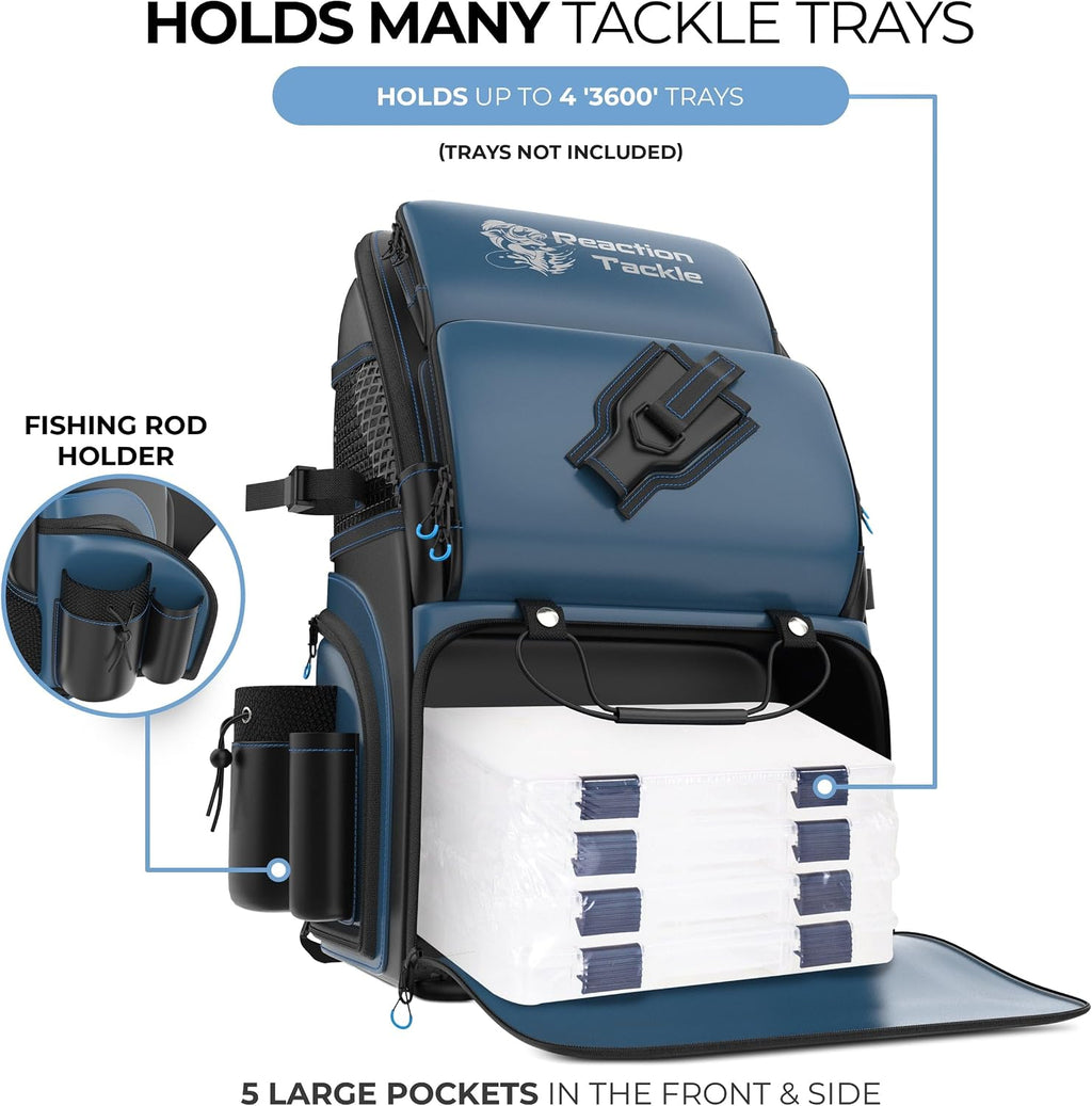 Reaction Tackle Saltwater Fishing Tackle Bags, Water Resistant 1000D PVC Tackle Box Bag with Removable Dividers, Fits 3600 and 3700 Trays, Backpack