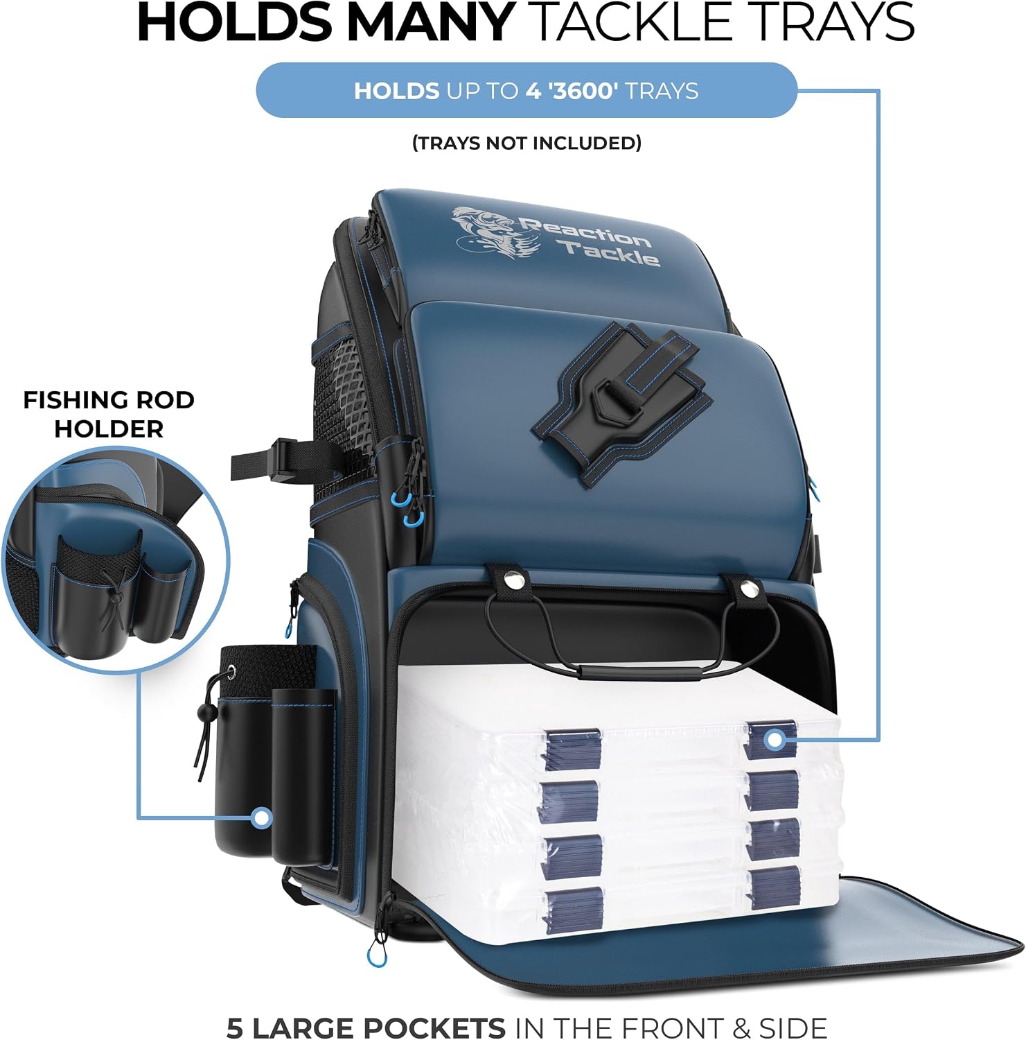 Reaction Tackle Saltwater Fishing Tackle Bags, Water Resistant 1000D PVC Tackle Box Bag with Removable Dividers, Fits 3600 and 3700 Trays, Backpack