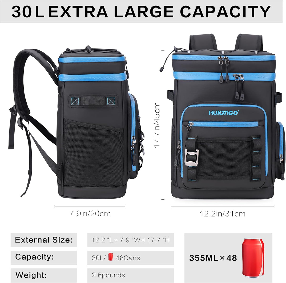 Hulongo Large Waterproof Insulated Cooler Backpack, 30L, 48Cans