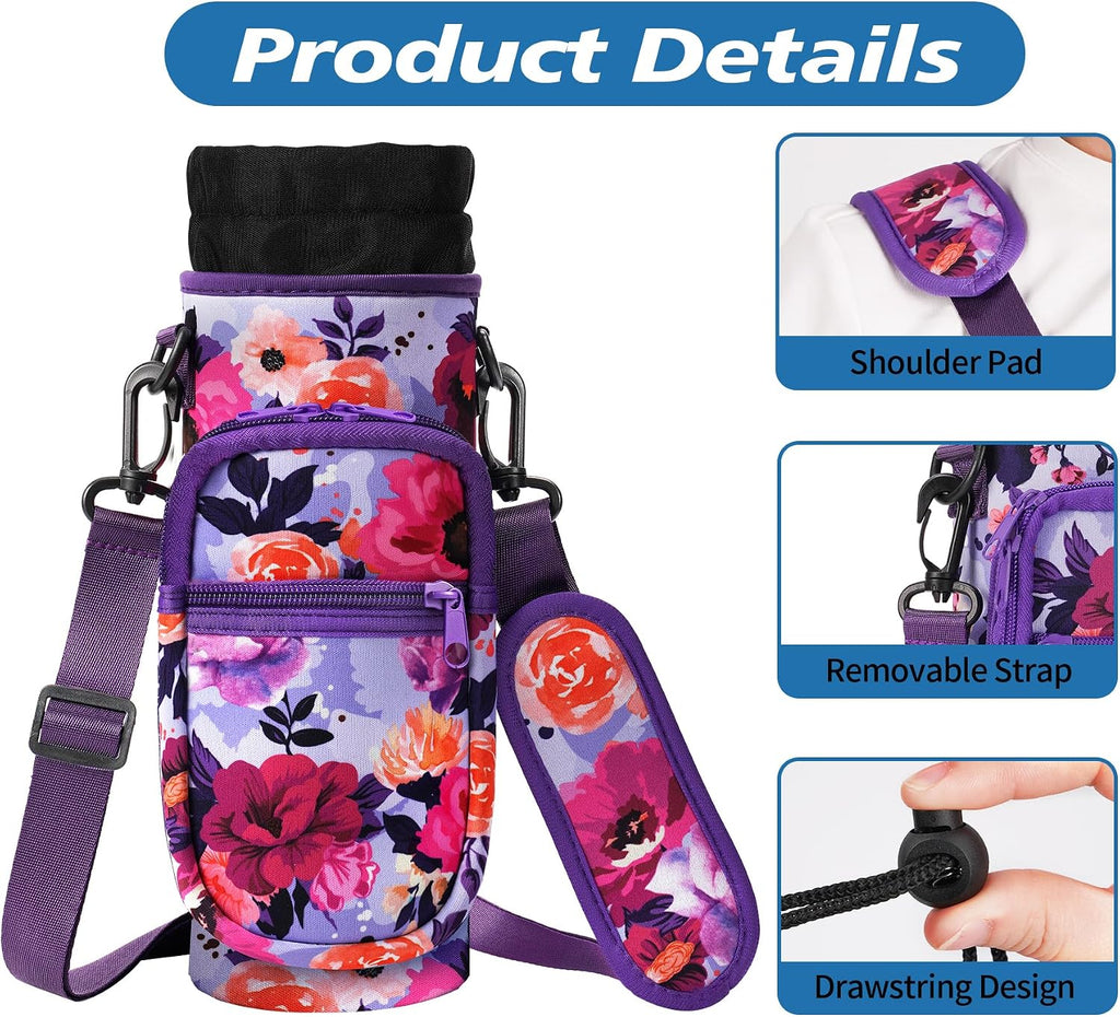 AceTreker 32 40 oz Water Bottle Carrier with Strap, Neoprene Water Bottle Sleeve Bag with 2 Pockets Insulated Flask Sling Holder for Walking Hiking Gym