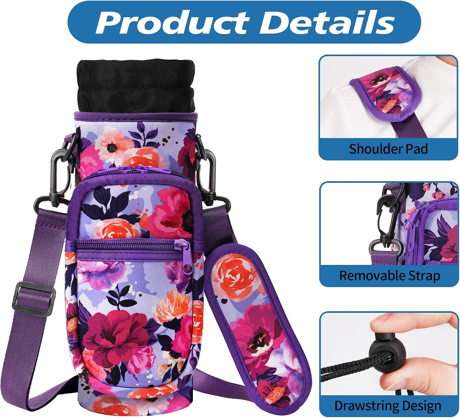 AceTreker 32 40 oz Water Bottle Carrier with Strap, Neoprene Water Bottle Sleeve Bag with 2 Pockets Insulated Flask Sling Holder for Walking Hiking Gym