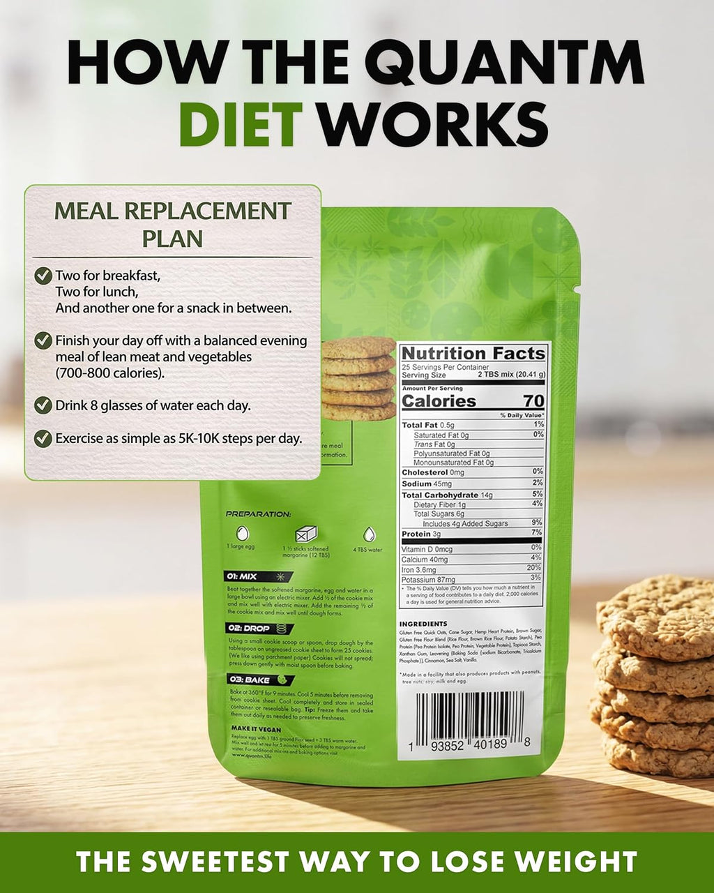 Cookie Mix, Gluten Free, Plant-Based Meal Replacement Plan with Hemp Protein, Rich in Fiber, Low in Sugar, No Preservatives or Artificial Sweeteners, 18 oz, 6 Pack 1-Month Supply