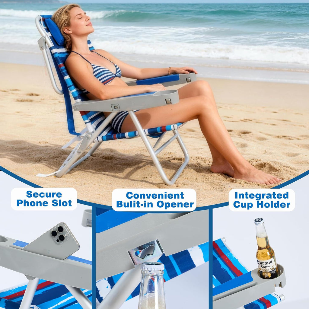 SUNNYFEEL Extra Wide Low Beach Chair 2 Pack 5 Position Lay Flat 500 LBS Heavy Duty, XL Oversized Folding Camping Chairs with Cup Holder for Outdoor/Sand, Portable Backpack Beach Chair for Adults
