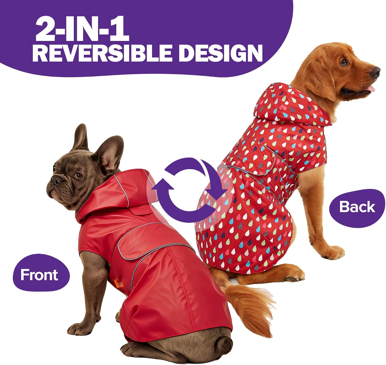 Kimee Dog Raincoat Reversible Dog Rain Jacket for Small to 3X-Large Dogs, M