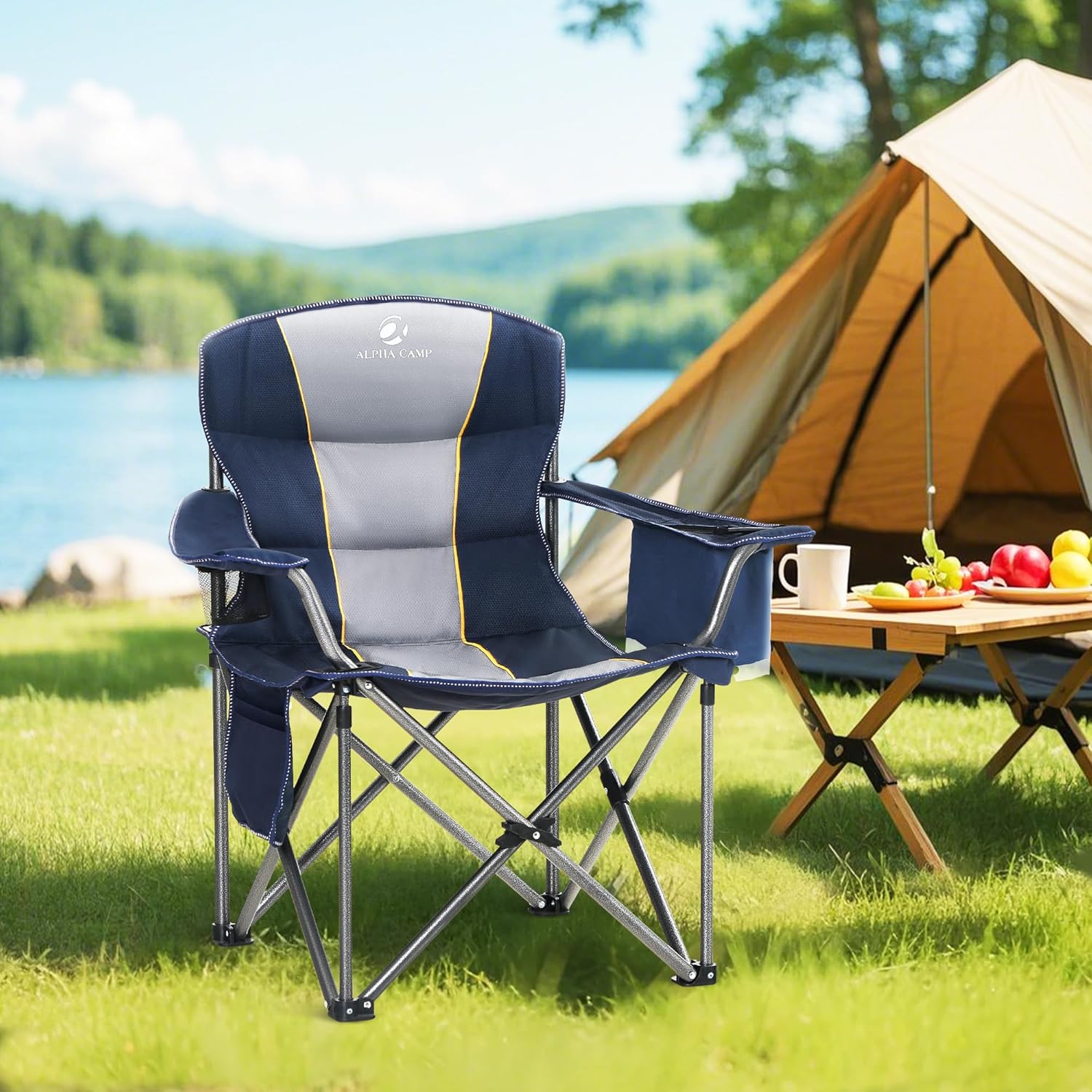 2 Pack Oversized Lawn Folding Camping Chair for Adults Support 450 LBS Blue