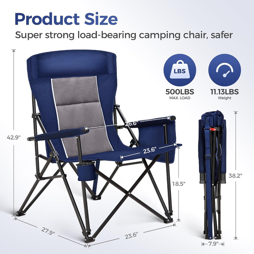 ALPHA CAMP Heavy Duty Camping Chairs with Cup Holder Oversized Folding Chair 500LBS Capacity Outdoor Chair with Headrest,Lawn with Side Pocket for Lawn, Sports and Fishing