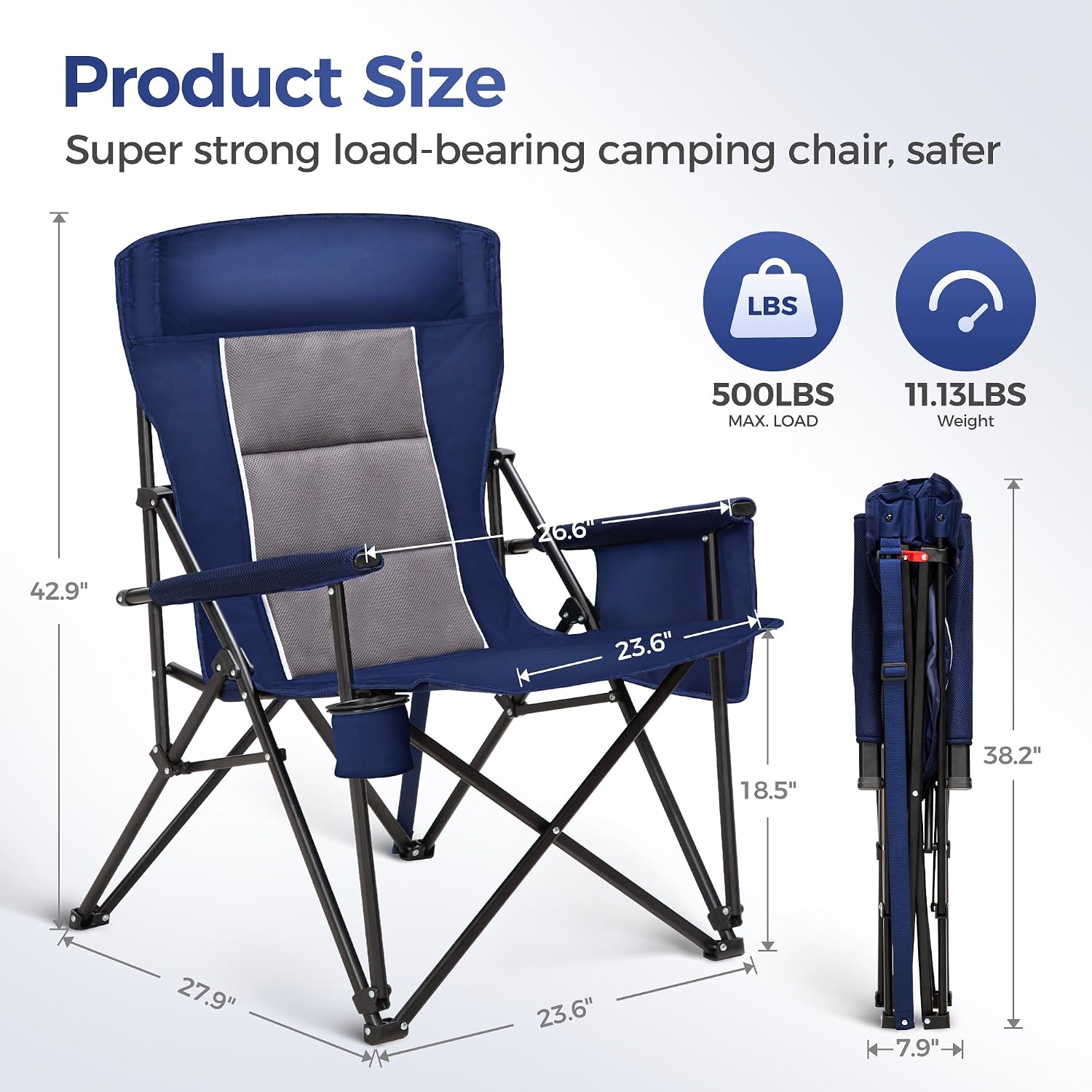 ALPHA CAMP Heavy Duty Camping Chairs with Cup Holder Oversized Folding Chair 500LBS Capacity Outdoor Chair with Headrest,Lawn with Side Pocket for Lawn, Sports and Fishing
