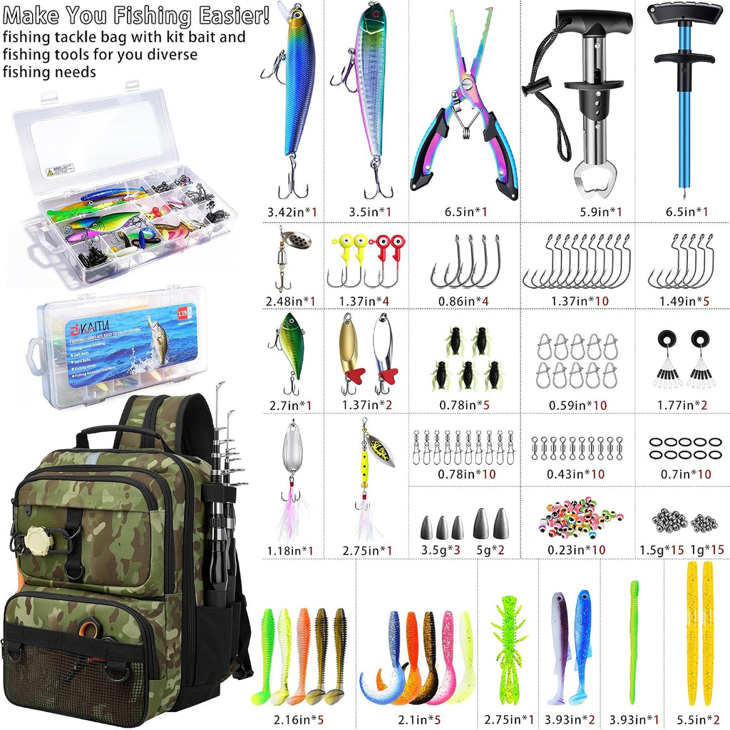 Fishing Backpack with Tackle Boxes and Rod Holder, Fish Lure Kit and Tool