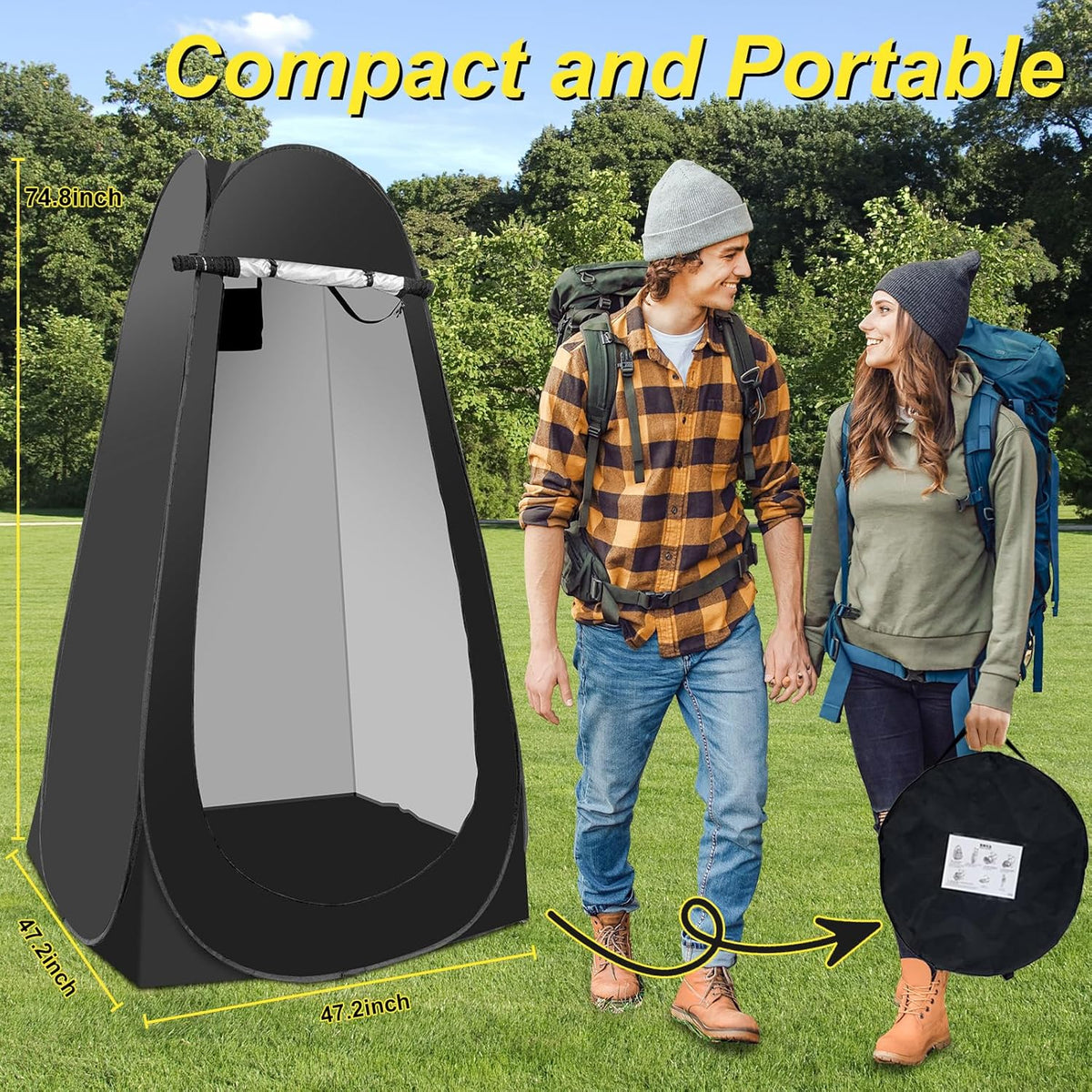 Pop Up Shower Tent for Camping, Portable Outdoor Privacy Shower Tent with 6000mAh Rechargeable Shower (Black)
