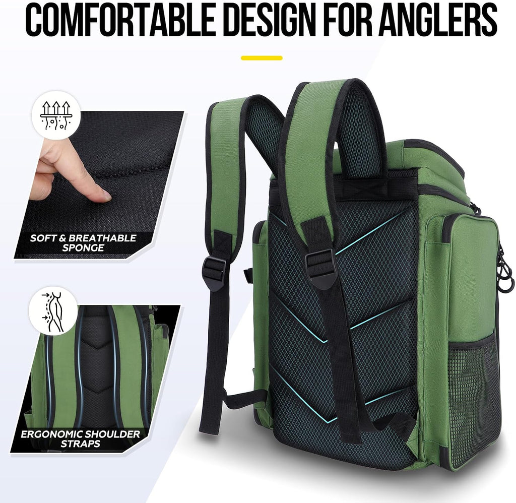 PLUSINNO Fishing Backpack with Rod Holders 4 Tackle Boxes, 42L Large Water-Resistant Fish Tackle Bag Store Fishing Gear, Camping, Hiking Gifts for Men Father, Green