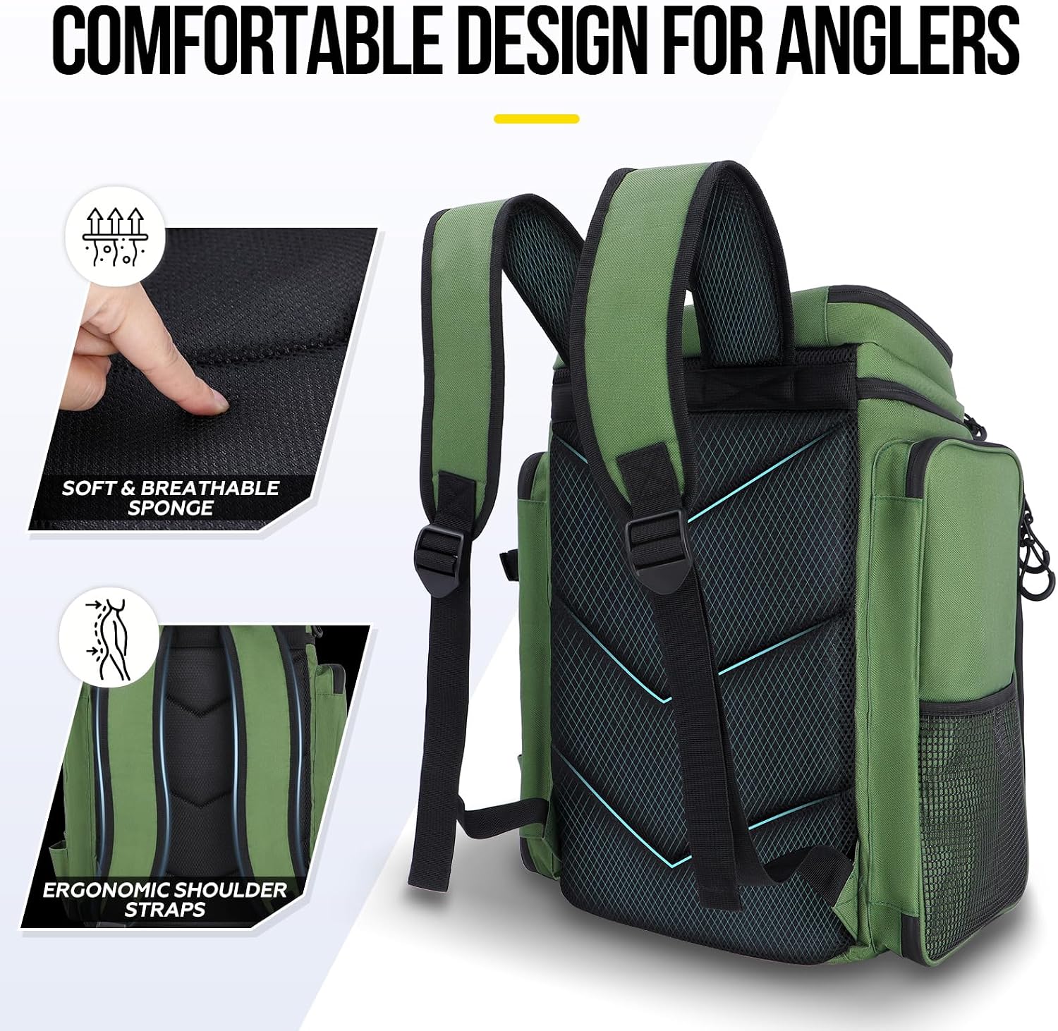 PLUSINNO Fishing Backpack with Rod Holders 4 Tackle Boxes, 42L Large Water-Resistant Fish Tackle Bag Store Fishing Gear, Camping, Hiking Gifts for Men Father, Green