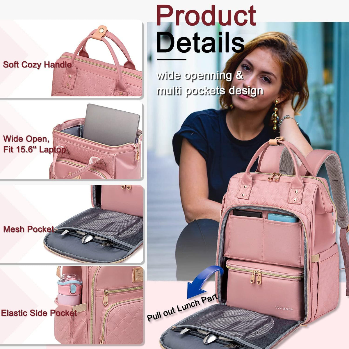 Weitars Lunch Backpack for Women,15.6 Inch Laptop Backpacks with Lunch Box