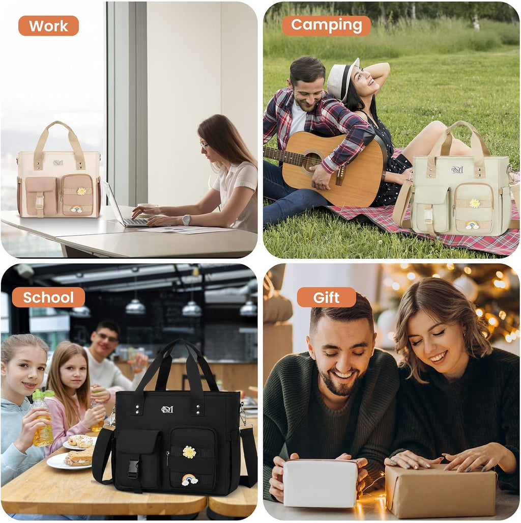 Large Insulated Lunch Bag for Women, Leakproof Lunch Box for Adults, Wide Opening Lunch Tote Bag with Shoulder Strap, Reusable Lunch Cooler Bag for Work, Picnic,Beach,School,Khaki Beige