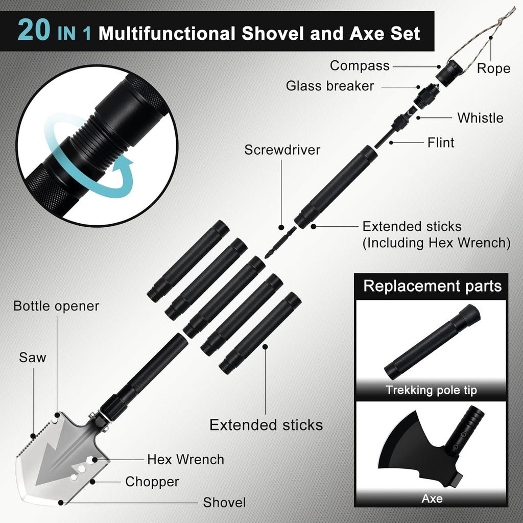 GOJAWAY 56" Ultra Long Camping & Shovel Axe Set, 20 in 1 Multi-Tools