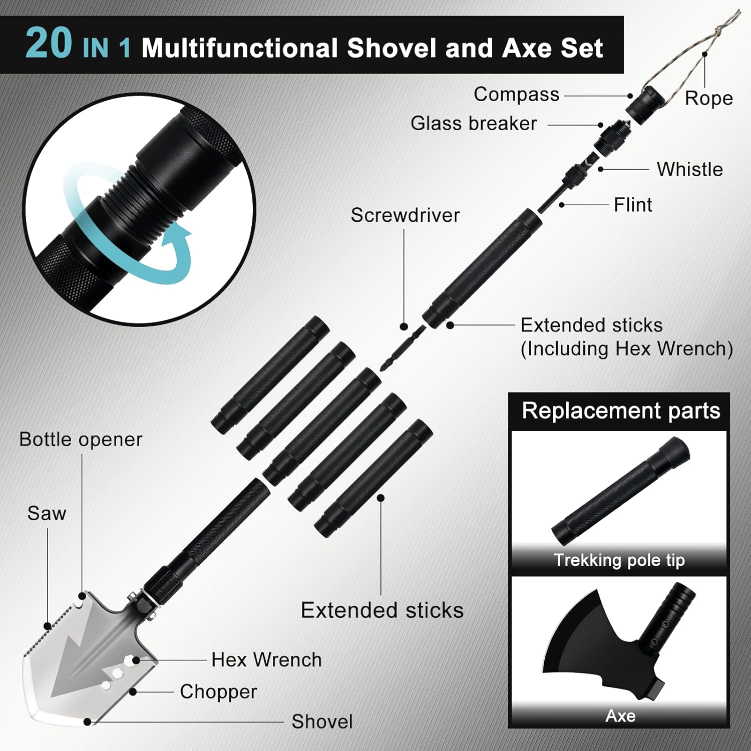 GOJAWAY 56" Ultra Long Camping & Shovel Axe Set, 20 in 1 Multi-Tools