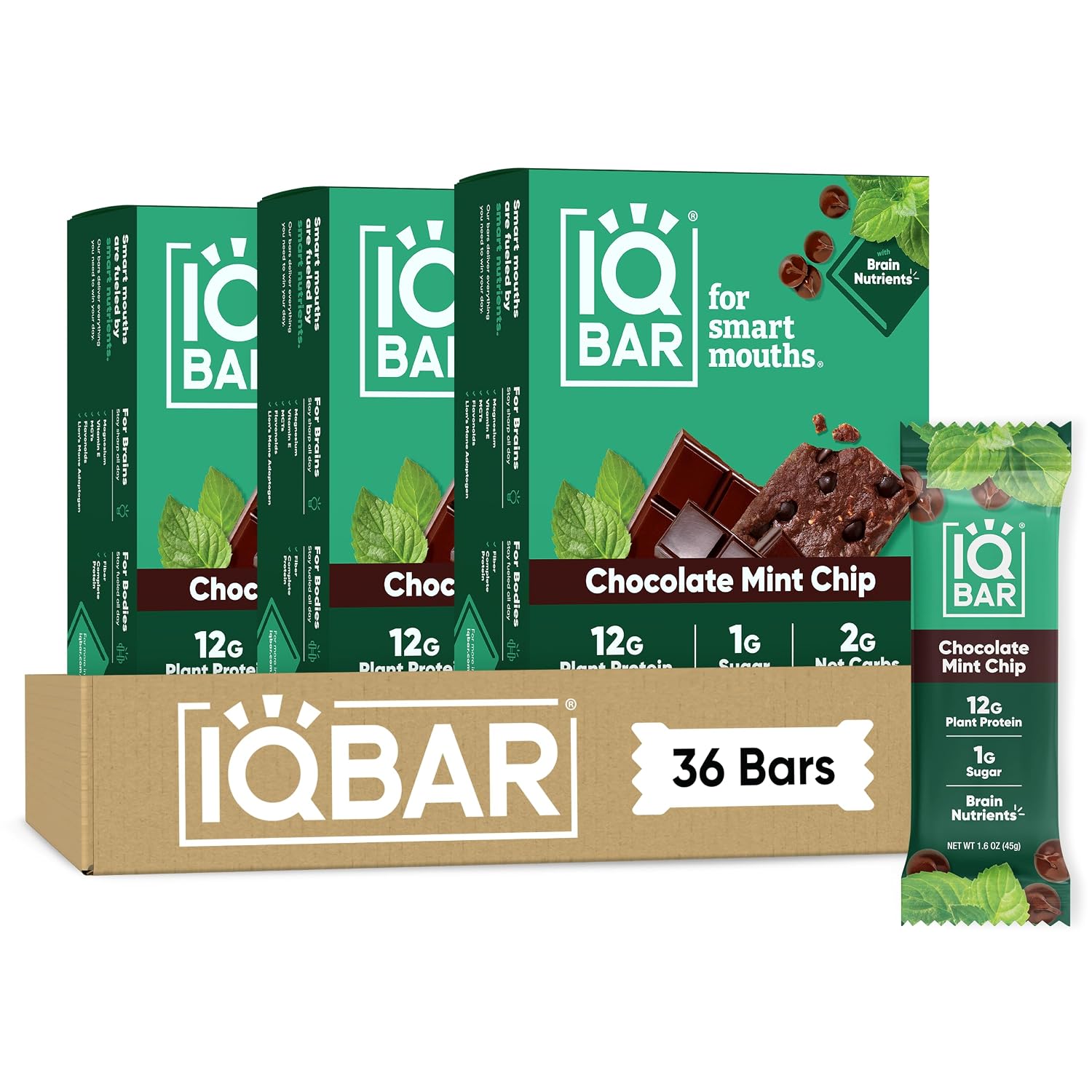 IQBAR Clean Protein Bars, Low Sugar Keto, Chocolate Mint Chip 36-Count