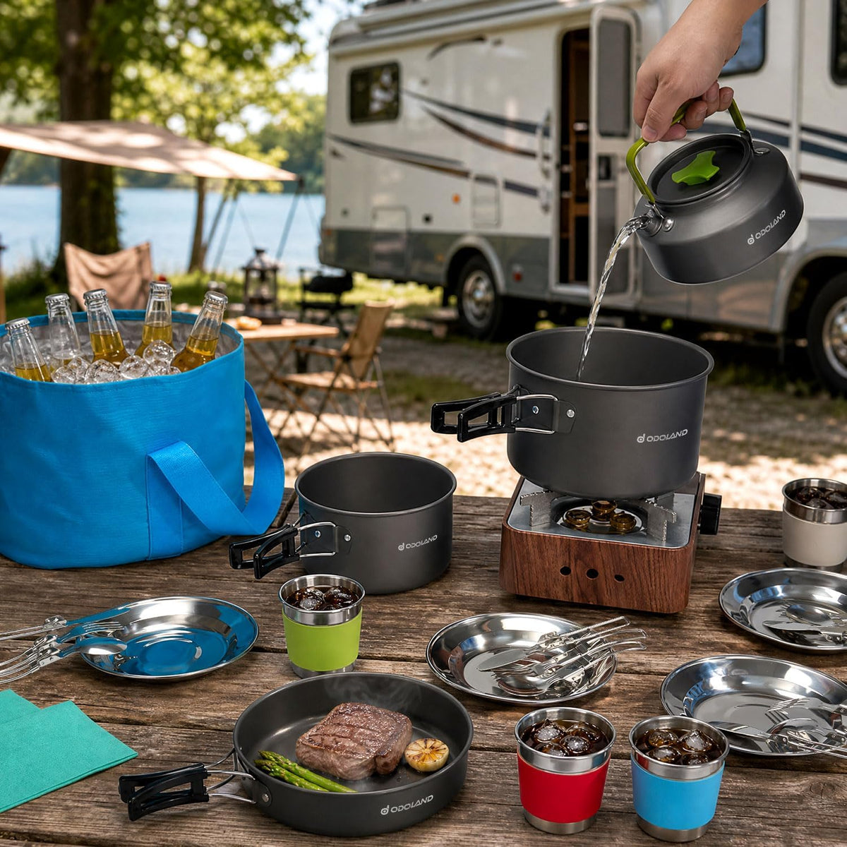Odoland 29pcs Camping Cookware Mess Kit, Non-Stick Lightweight Pots Pan Kettle, Collapsible Water Container and Bucket, Stainless Steel Cups Plates Forks Knives Spoons for Outdoor Backpacking Picnic