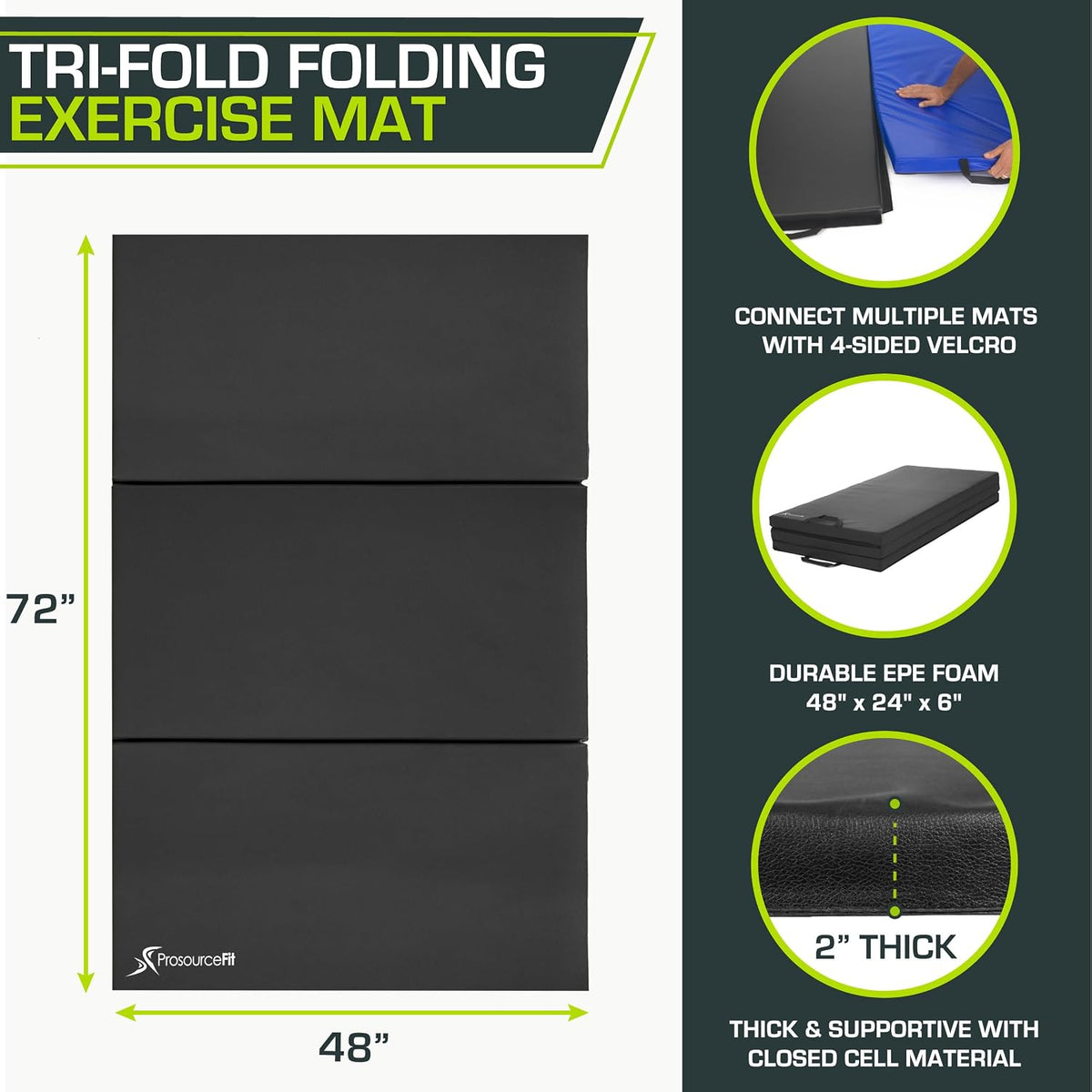 ProsourceFit Tri-Fold Folding Thick Exercise Mat with Carrying Handles for Tumbling, Martial Arts, Gymnastics, Stretching, Core Workouts