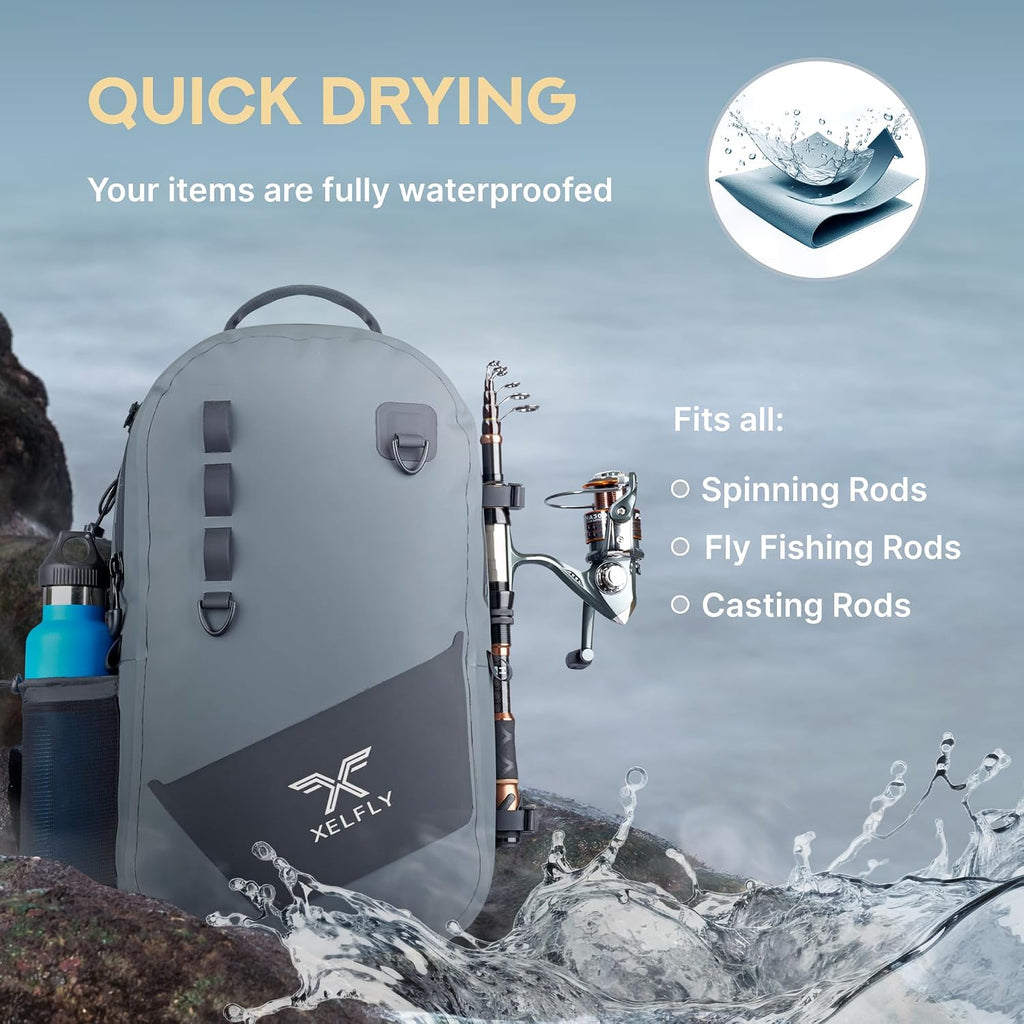 Xelfly - Waterproof Fishing Backpack with Rod Holder, Inflatable Air Valve, Padded Waist Straps & Gear Loops - Submersible Zipper, Rugged Top Handle, Adjustable Attachments (Gray)