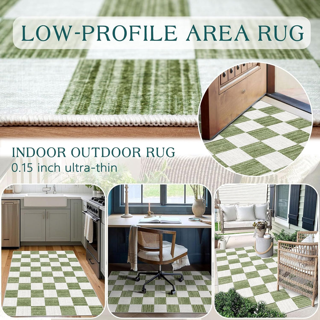 Green White Checkered Entry Rug - 3x5 Non-Slip Indoor Outdoor Rugs