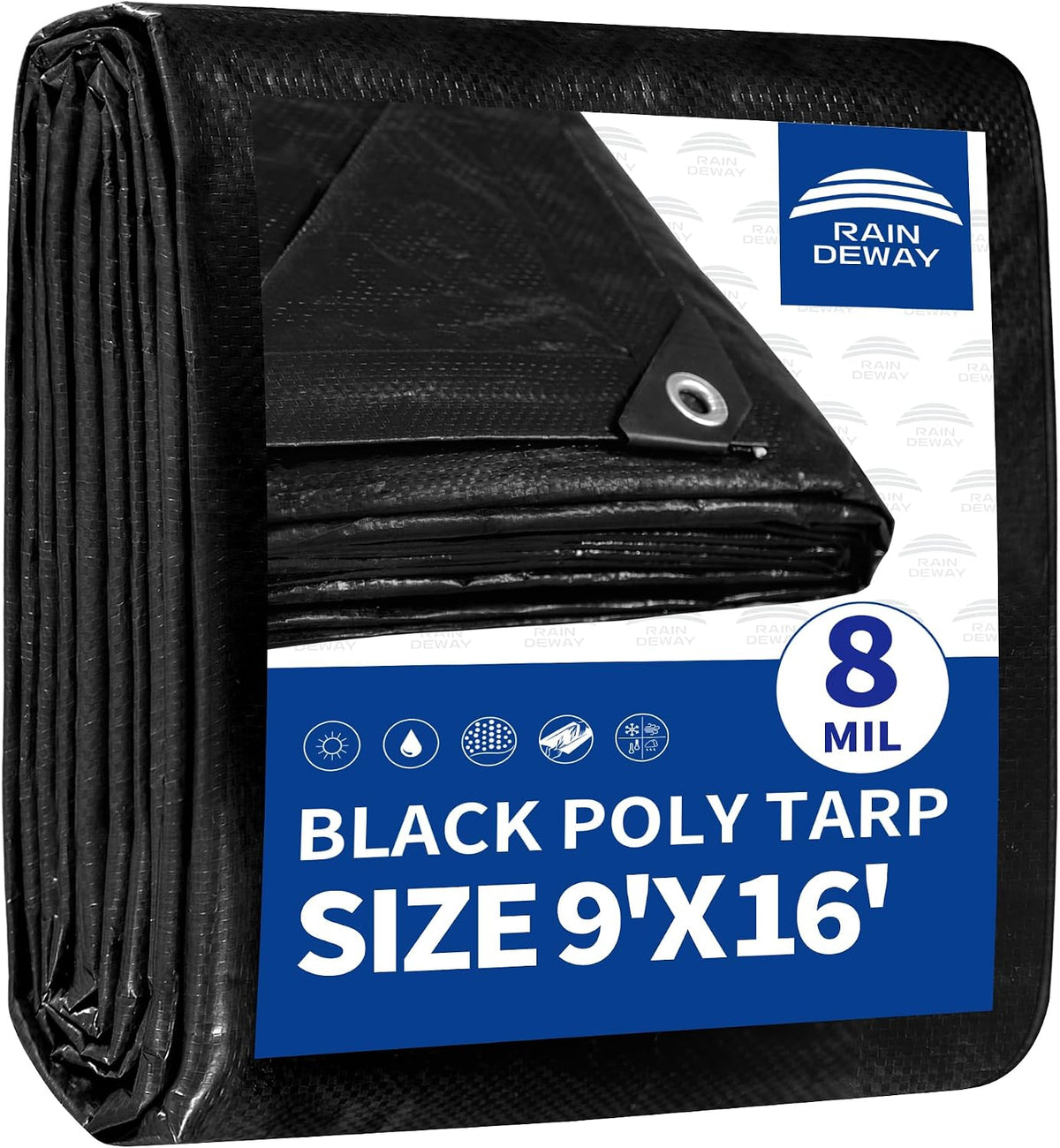 RAINDEWAY Black Tarp 9x16 Feet 8 Mil Multipurpose Waterproof Tarps