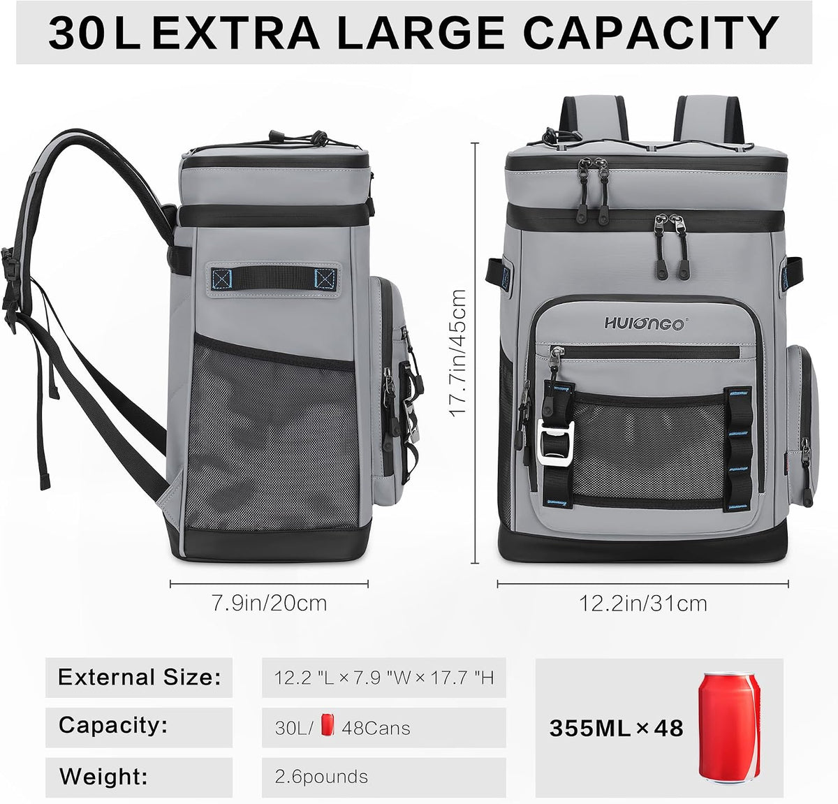 Hulongo Large Waterproof Insulated Cooler Backpack, 30L, 48Cans