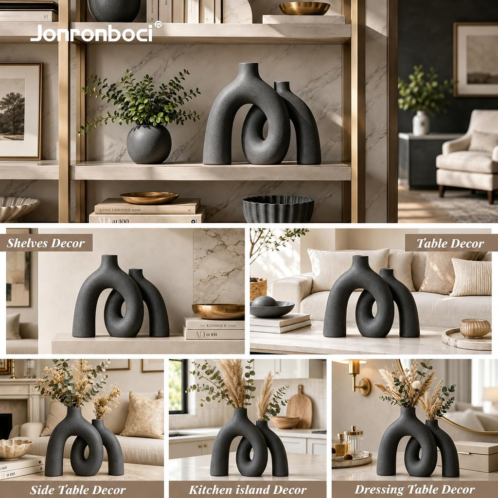 Hug Donut Decorative Vase Set - Dark Gray Modern Minimalism Industrial Style Vases Home Decor, Matte Ceramic Decorations for Living Room Shelf, Bookshelf Mantle Entryway Table or Console Décor(Gray)