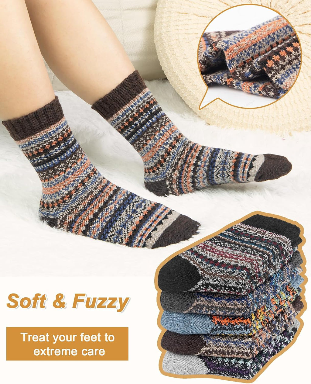 Senker Fashion Wool Socks for Women, 5 Pairs Winter Warm Crew Boot Socks