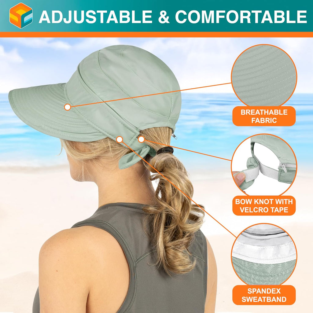 SUN CUBE Womens Sun Hat UV Protection Wide Brim Zip-Off Golf Visor