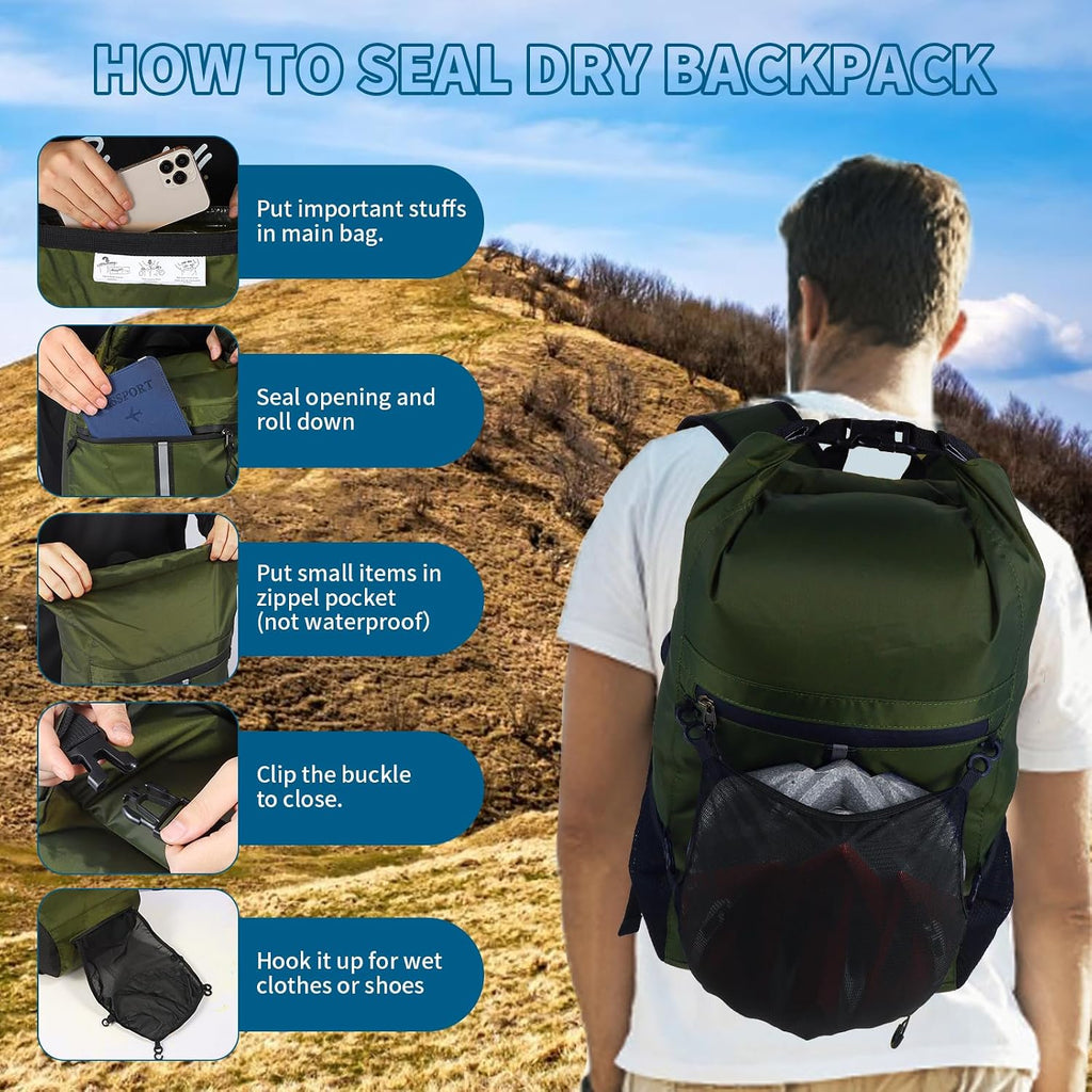 Dry Bag Backpack,20L Dry bags Waterproof Kayaking with Waist Pouch and Phone Case,Waterproof Backpack Marine dry bag for Kayaking,Beach,Rafting, Boating,Hiking,Camping and Fishing (Green)