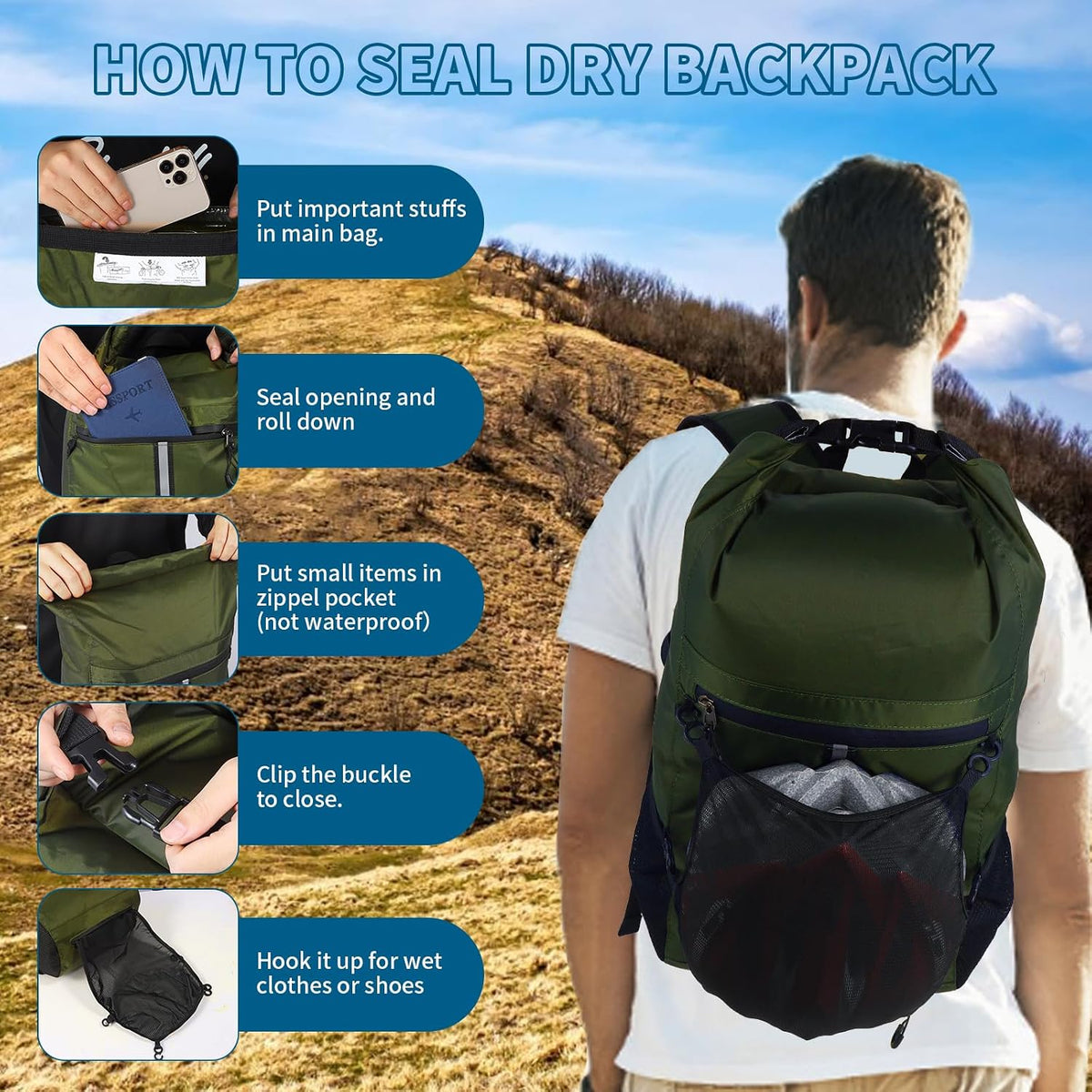 Dry Bag Backpack,20L Dry bags Waterproof Kayaking with Waist Pouch and Phone Case,Waterproof Backpack Marine dry bag for Kayaking,Beach,Rafting, Boating,Hiking,Camping and Fishing (Green)