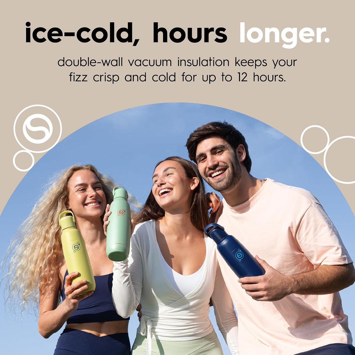 sodastream Fizz & Go Cool, Stainless Steel Carbonated Water Bottle 0.9L, Insulated Metal Bottle for Sparkling Water, Compatible with TERRA, ART, ENSO & More in Sand Beige