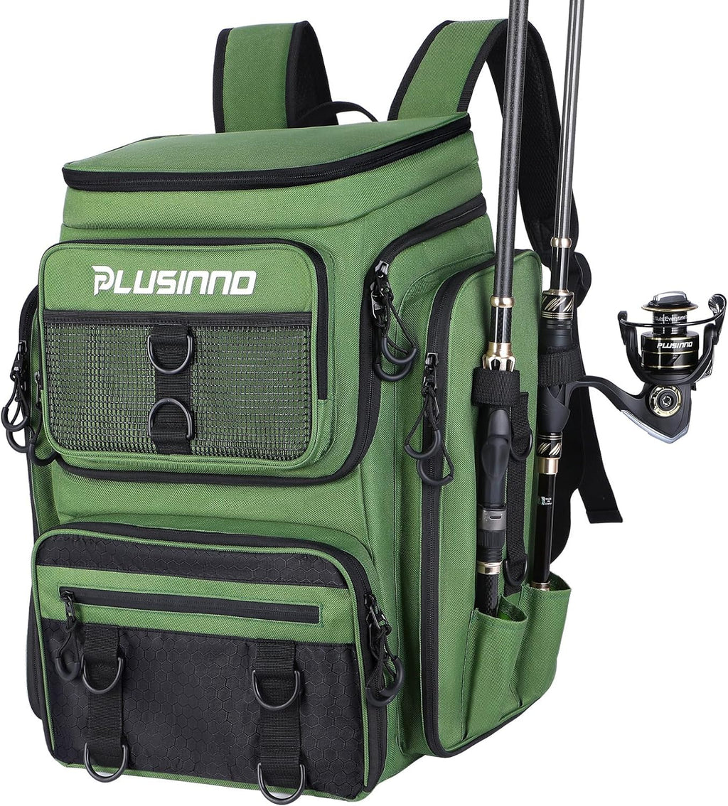 PLUSINNO Fishing Backpack with Rod Holders 4 Tackle Boxes, 42L Large Water-Resistant Fish Tackle Bag Store Fishing Gear, Camping, Hiking Gifts for Men Father, Green