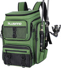 PLUSINNO Fishing Backpack with Rod Holders 4 Tackle Boxes, 42L Large Water-Resistant Fish Tackle Bag Store Fishing Gear, Camping, Hiking Gifts for Men Father, Green