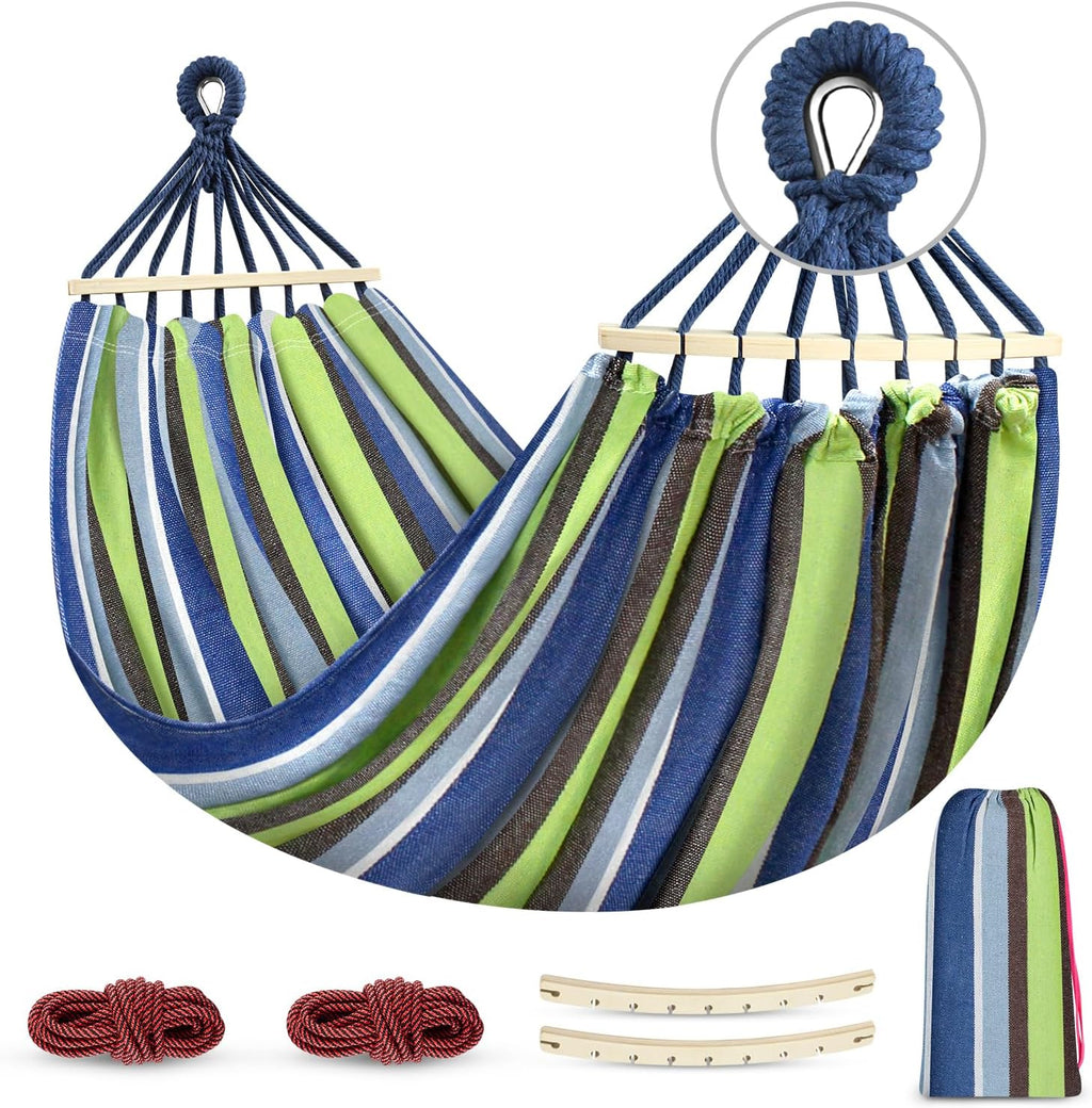 MOSFiATA Hammocks Portable Camping Hammock Upgraded 550lb Comfortable Fabric Hammock with Two Anti Roll Balance Beam and Sturdy Tree Straps for Camping, Patio, Backyard, Outdoor （Blue Green）