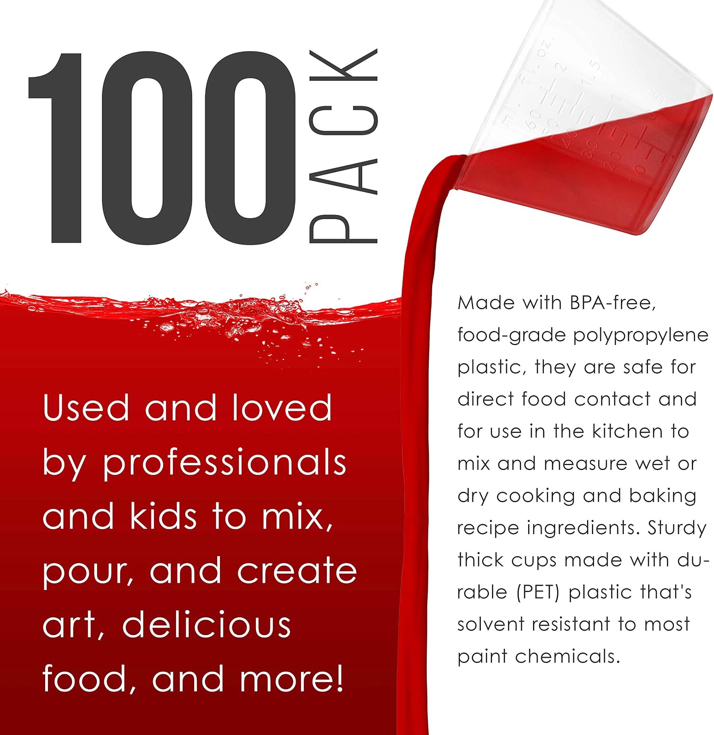Pouring Masters 2 Oz (60 ml) Liquid Measuring Cups, 100 Pack with 25 Sticks