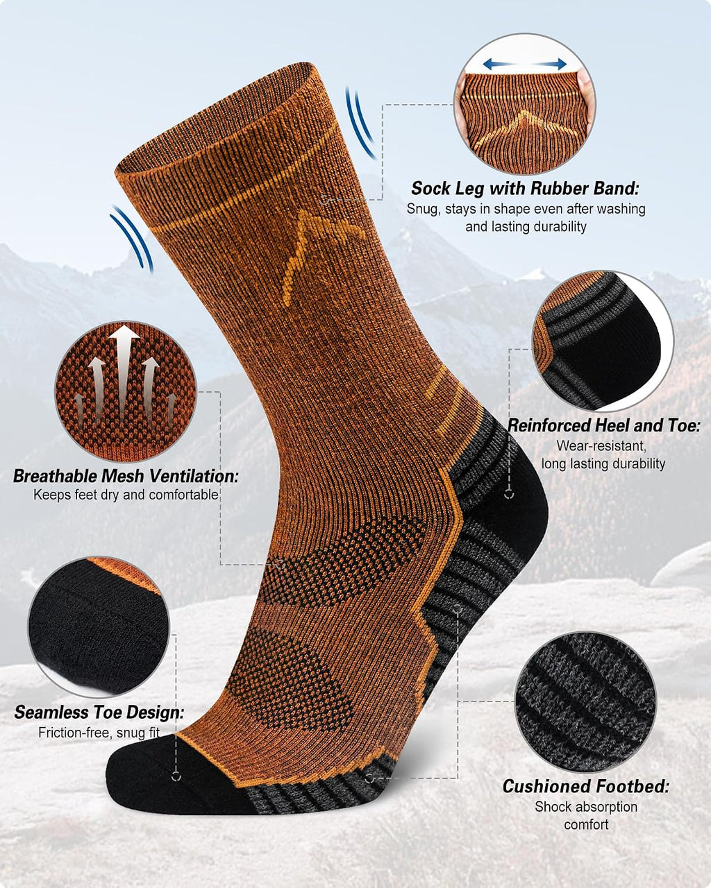 SIXDAYSOX Merino Wool Socks Mens, Crew Cushioned Hiking Socks Men Size 8-16