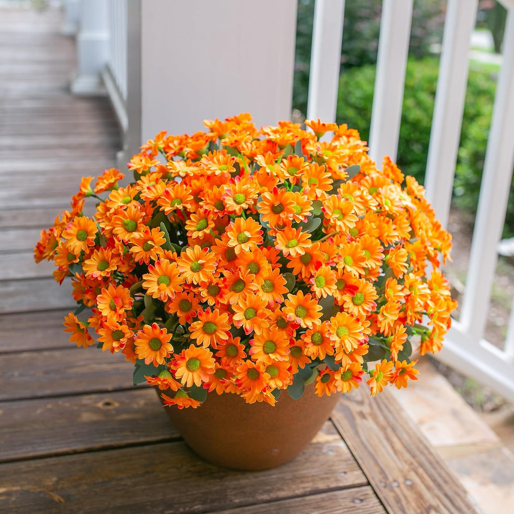 Daisy Artificial Flowers for Outdoors Autumn Fall Decor, 6 Bundles Fake Mums Orange Silk Flowers for Outside Look Real UV Resistant Fake Plants Faux Flowers for Planter Front Door Home Indoor Porch