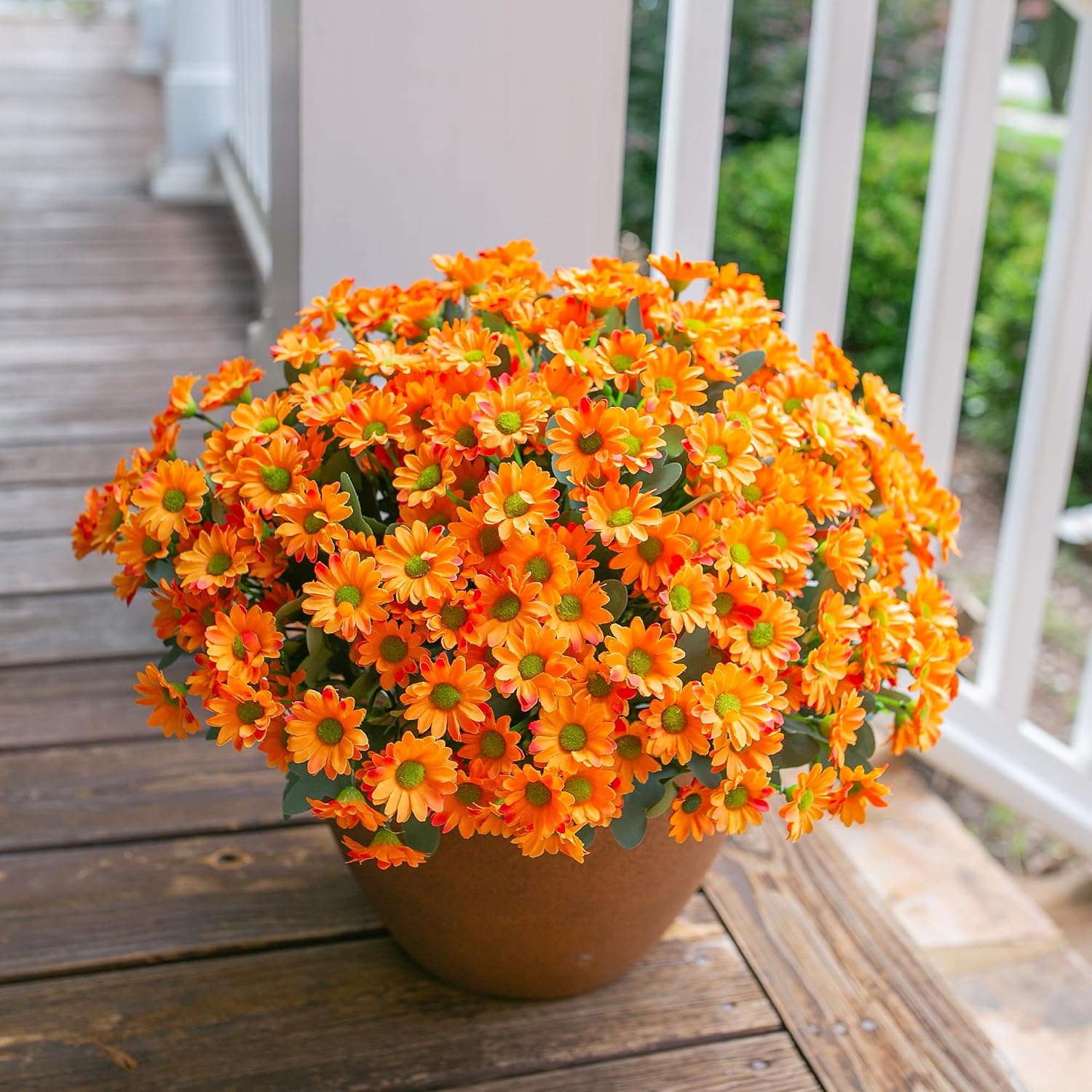 Daisy Artificial Flowers for Outdoors Autumn Fall Decor, 6 Bundles Fake Mums Orange Silk Flowers for Outside Look Real UV Resistant Fake Plants Faux Flowers for Planter Front Door Home Indoor Porch