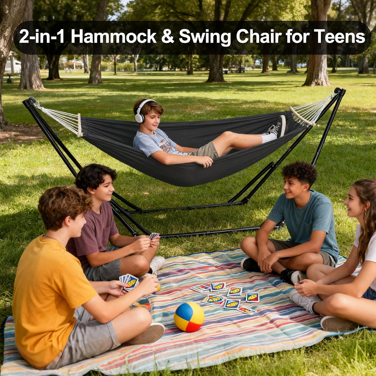 2-in-1 Hammock Chair with Stand, Portable Hammock, Black