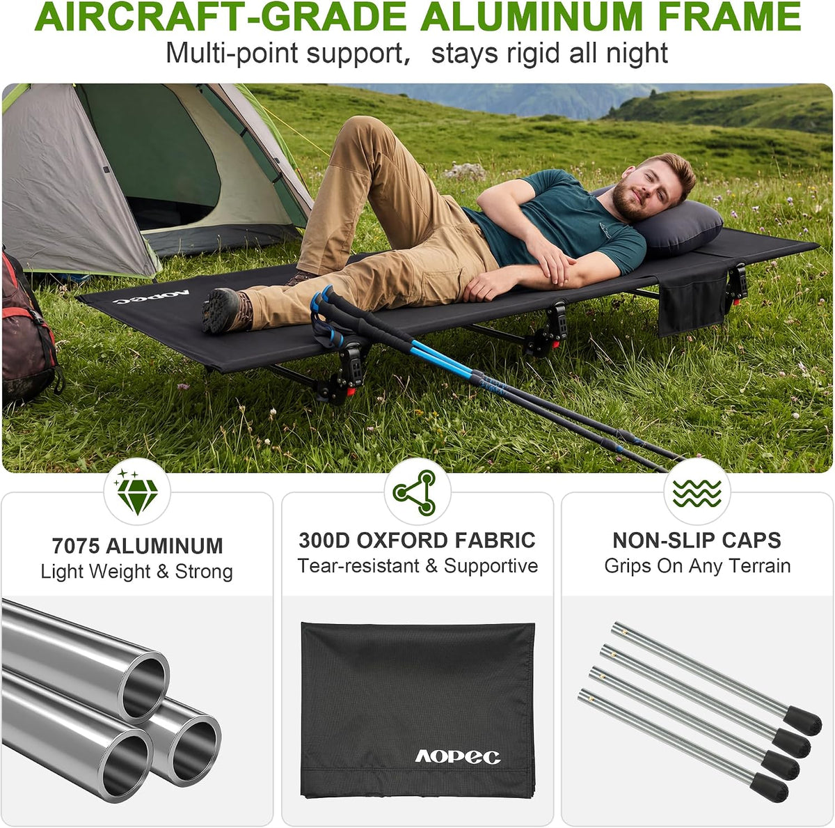 Height Adjustable Camping Cot, 350lbs Heavy-Duty Aluminum Frame, Black