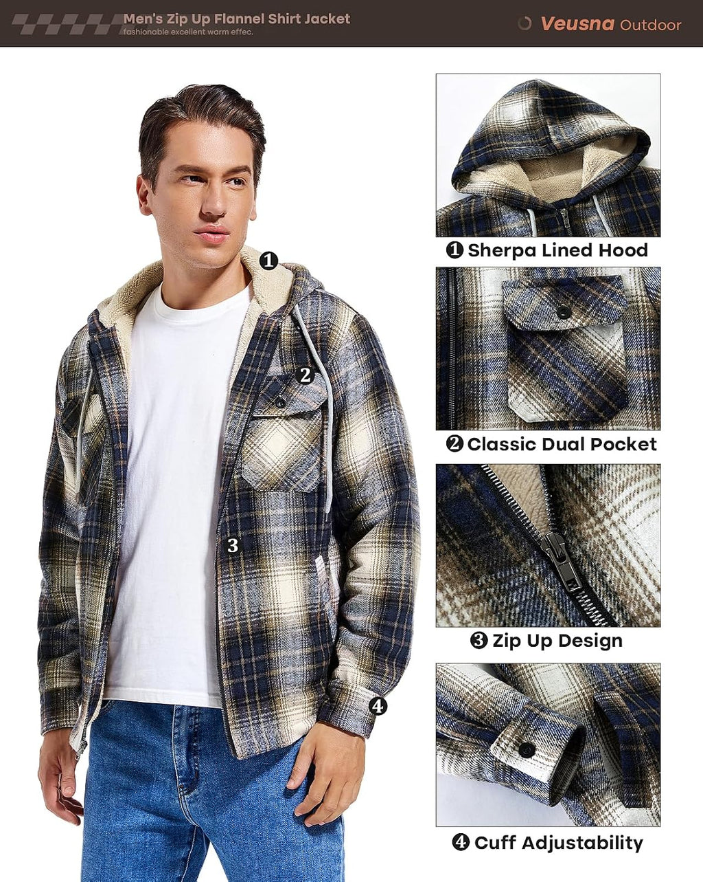 Men's Zip Up Flannel Shirt Jacket Fleece Lined with Hood